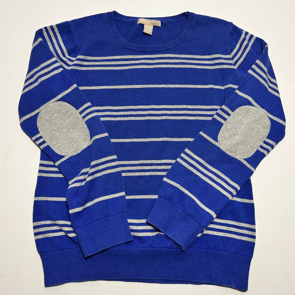 Banana Republic Blue Striped Elbow Patch Crewneck Sweater Large Cotton Rayon